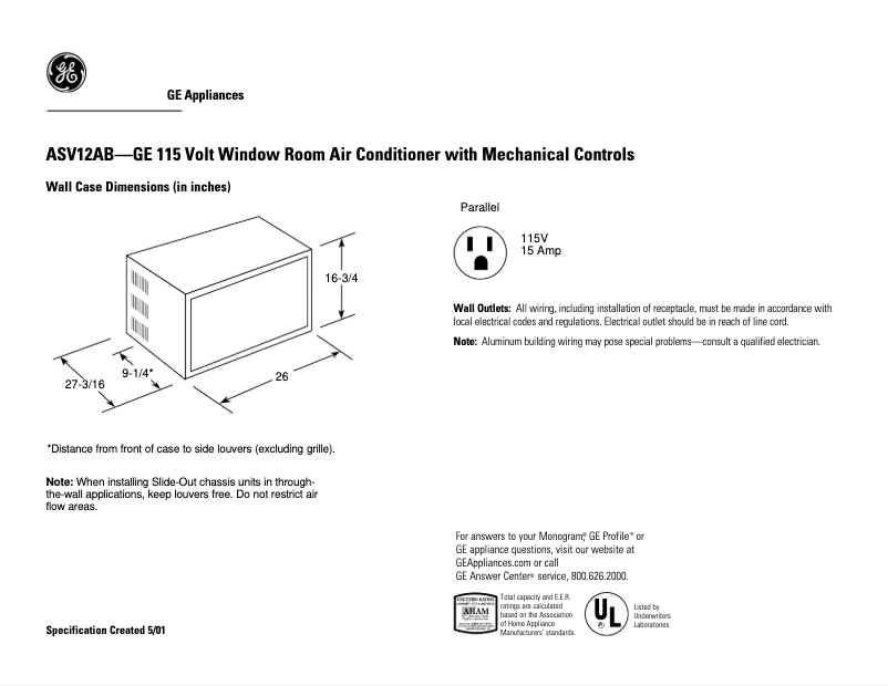 Page n°1 - Fiche technique GE ASV12AB