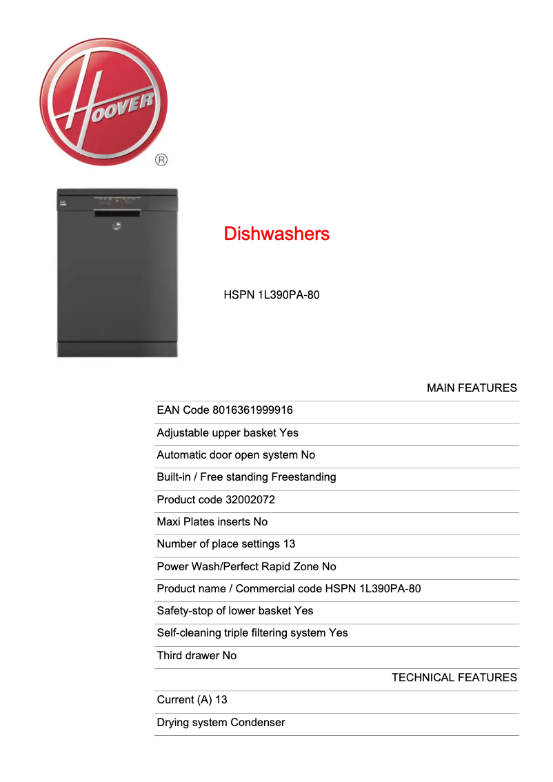 Page n°1 - Fiche technique Hoover HSPN 1L390PA-80