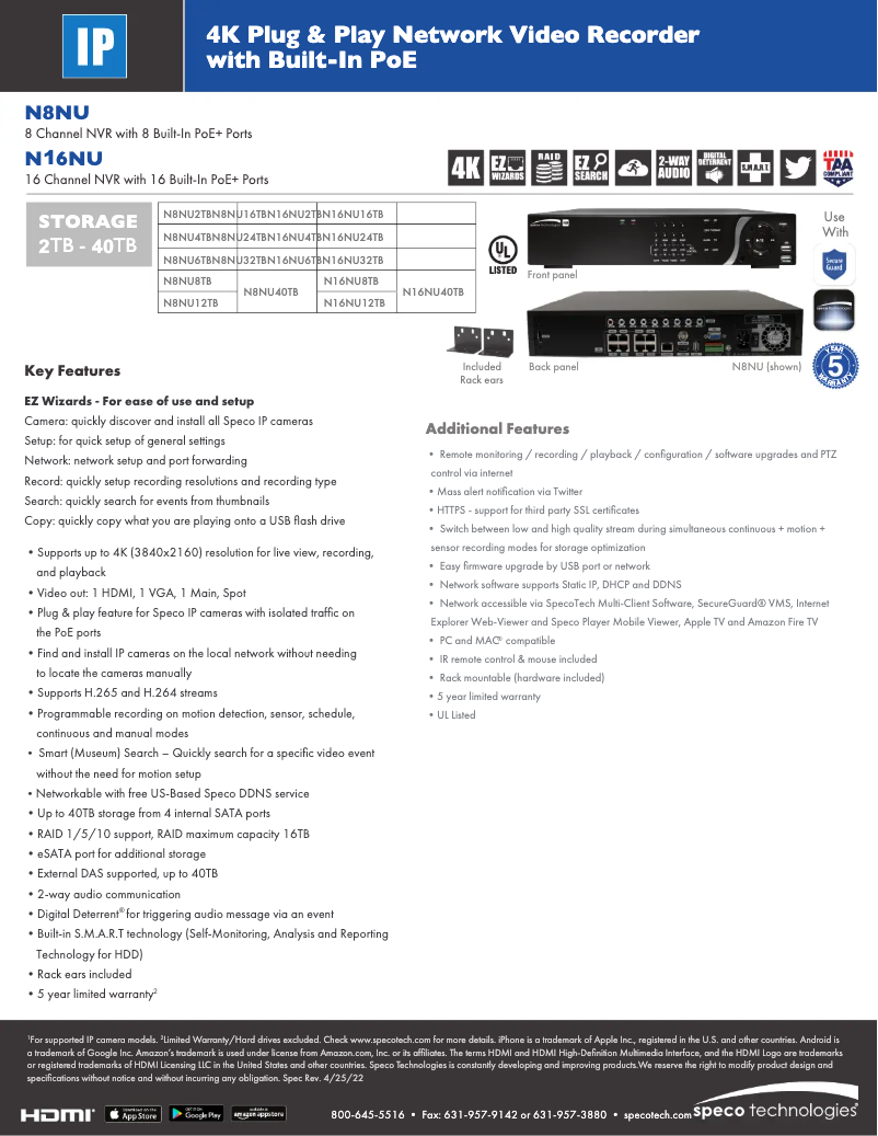 Page 1 de la notice Fiche technique Speco Technologies N16NU