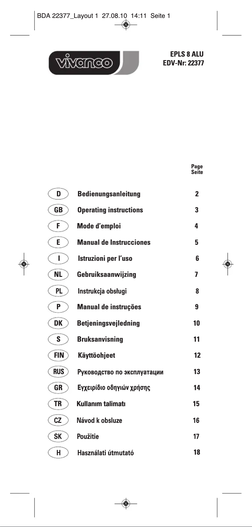 Page n°1 - Manuel utilisateur Vivanco EPLS 8 ALU