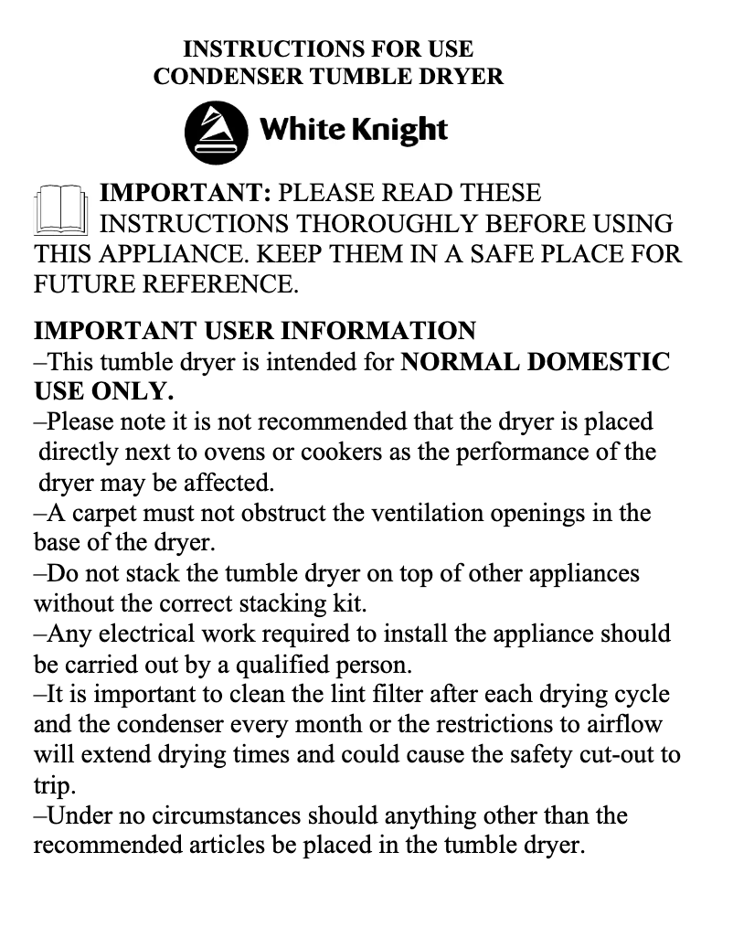 Page 1 de la notice Manuel utilisateur White Knight C77AWL
