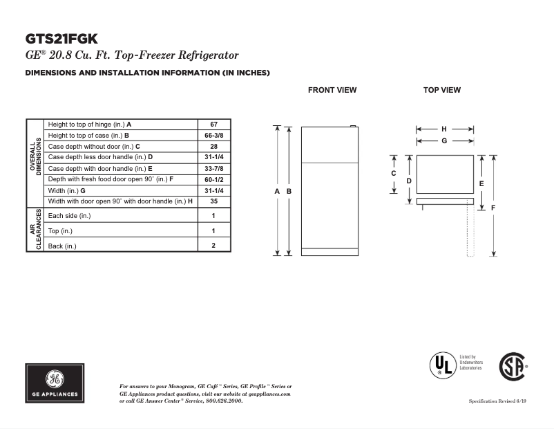 Page n°1 - Fiche technique GE GTS21FGKWW