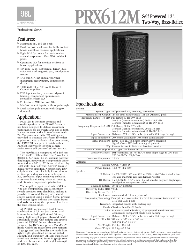 Page 1 de la notice Fiche technique JBL PRX612M