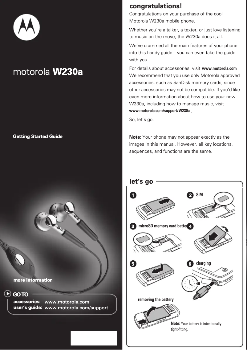 Page 1 de la notice Guide de démarrage rapide Motorola W230a