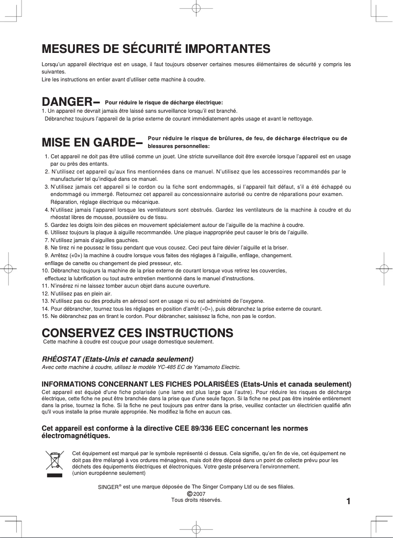 Page 1 de la notice Manuel utilisateur Singer Athena