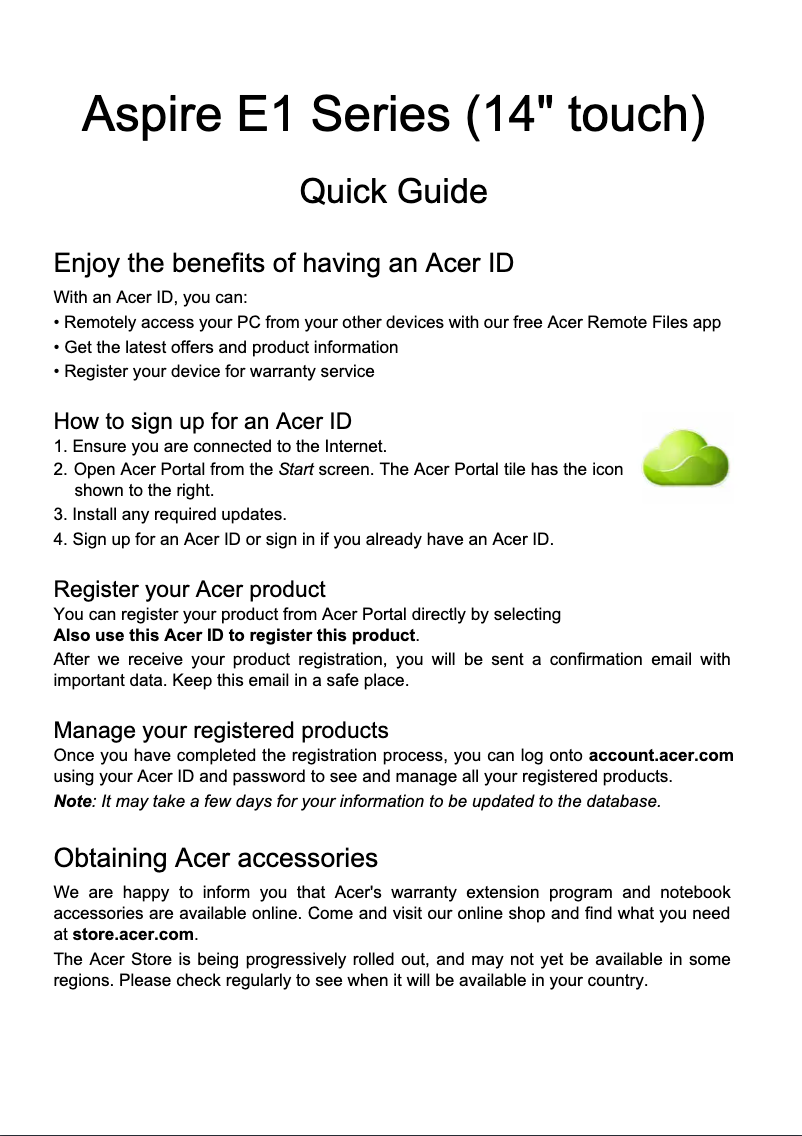 Page n°1 - Guide de démarrage rapide Acer Aspire E1