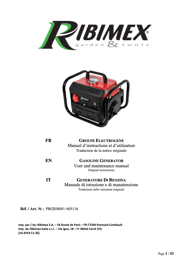 Page n°1 - Manuel utilisateur Ribimex PRGE0800