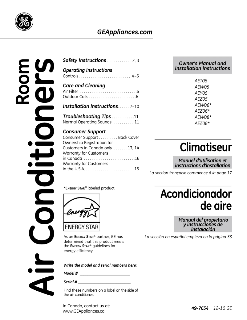 Page n°1 - Guide d'installation GE AET05LS