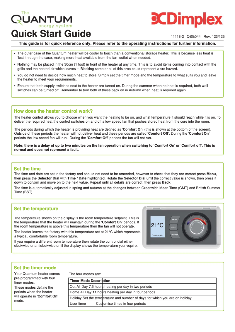 Page 1 de la notice Guide de démarrage rapide Dimplex QM070