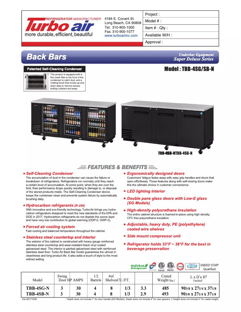 Page 1 de la notice Fiche technique Turbo air TBB-4SB