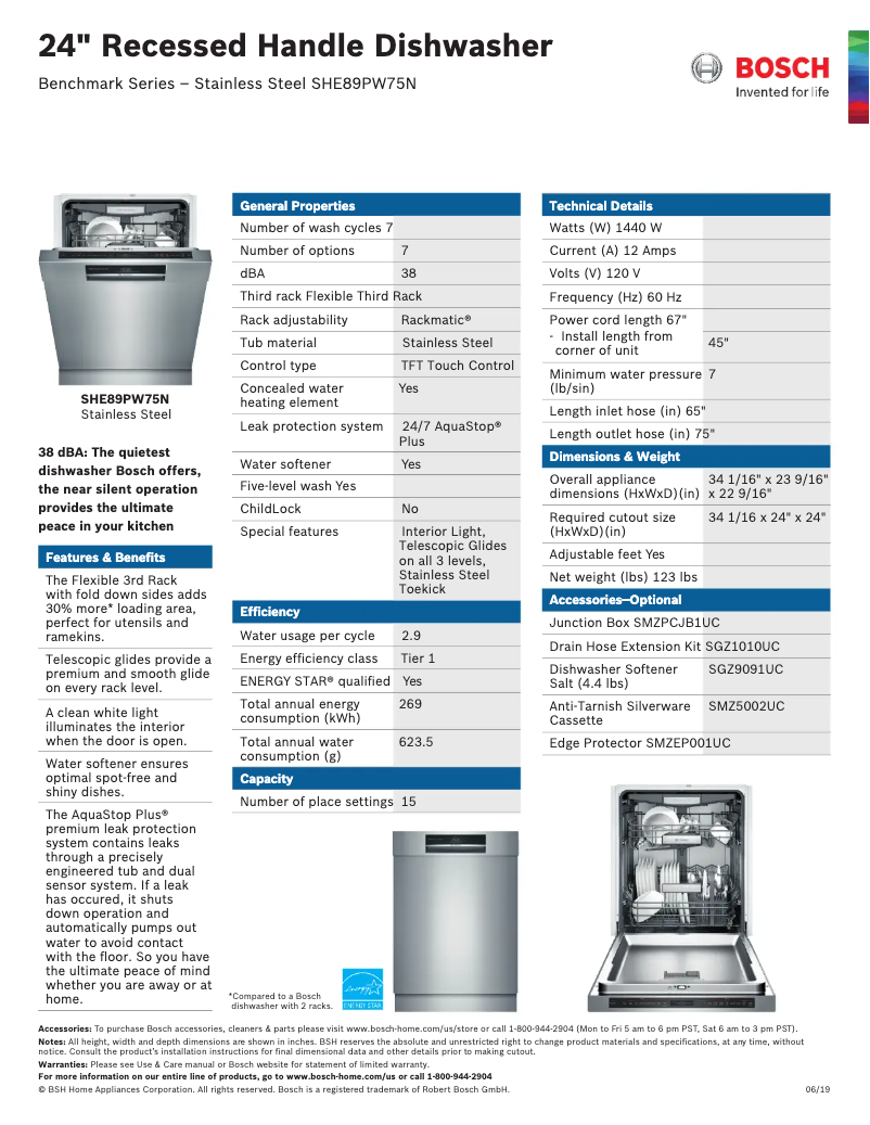 Página 1 del manual Ficha técnica Bosch SHE89PW75N