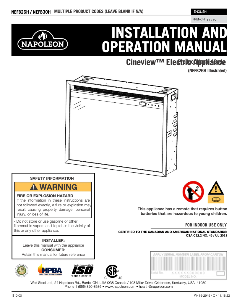 Page 1 de la notice Manuel utilisateur Napoleon Cineview 26