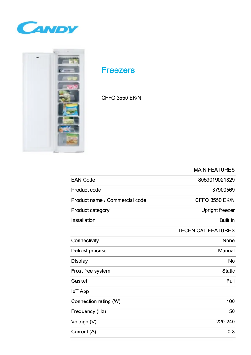 Page 1 de la notice Fiche technique Candy CFFO 3550 EK/N