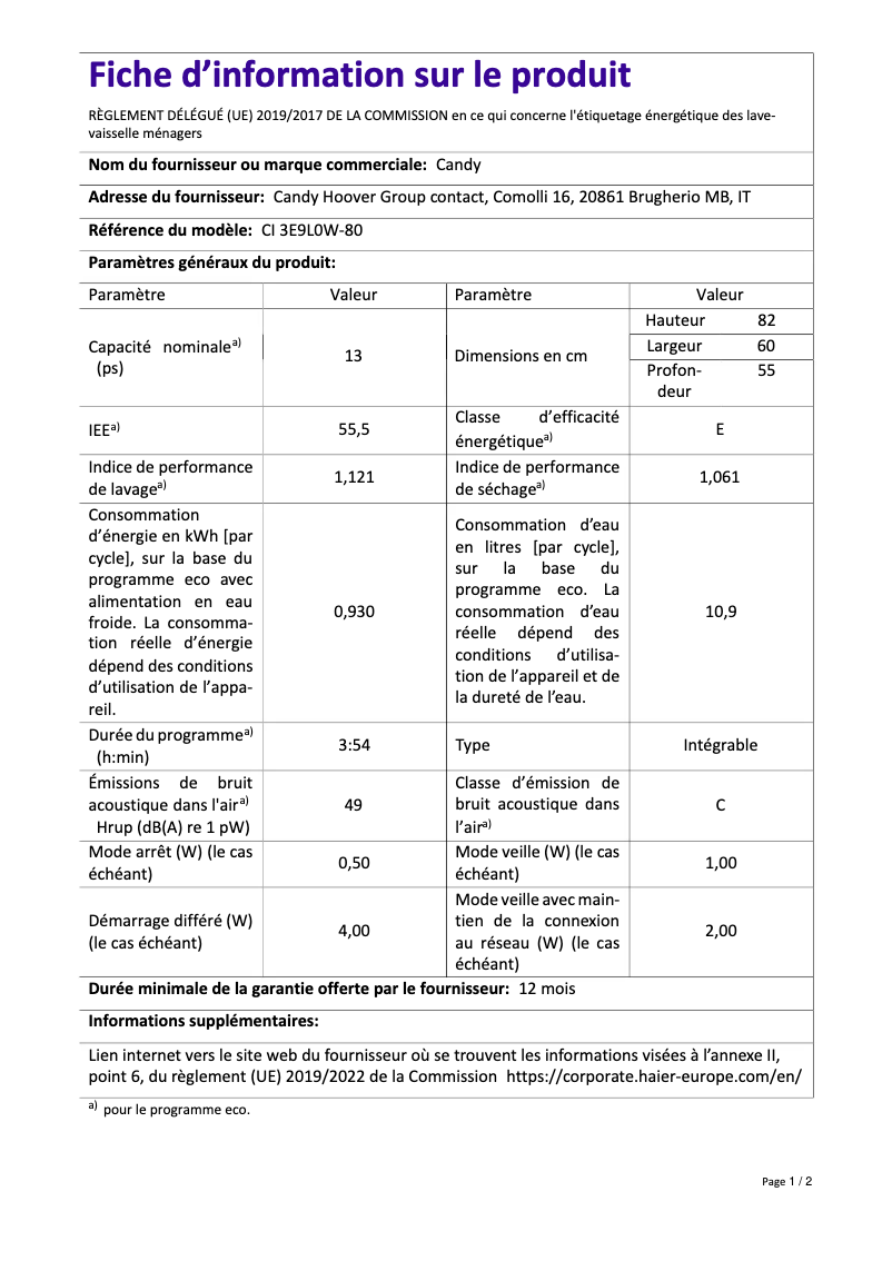 Image de la première page du manuel de l'appareil CI 3E9L0W-80