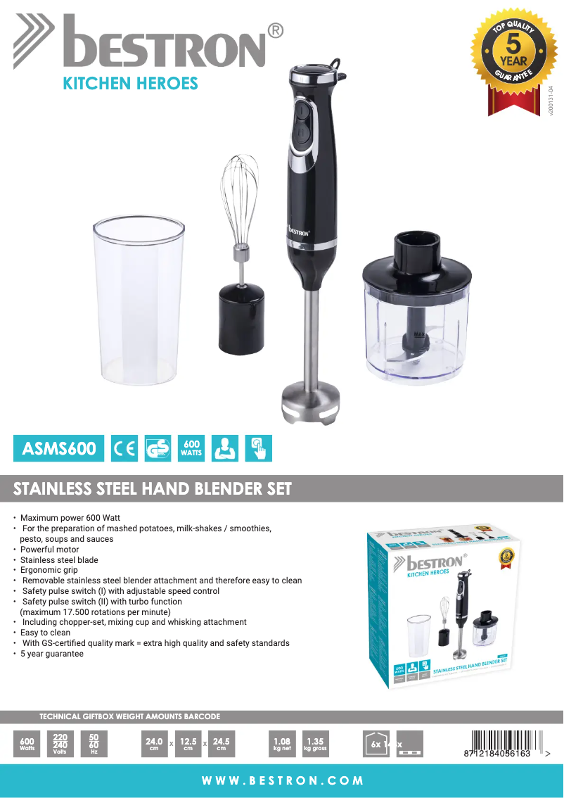 Page 1 de la notice Fiche technique Bestron ASMS600