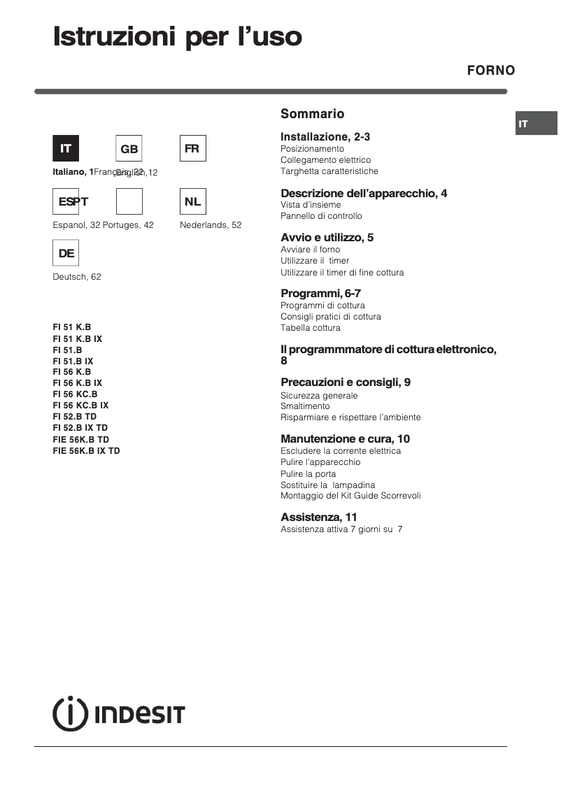 Page 1 de la notice Manuel utilisateur Indesit FI 52.B IX TD
