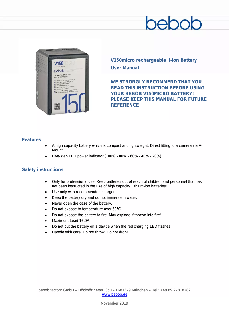 Page 1 de la notice Manuel utilisateur Bebob V150micro