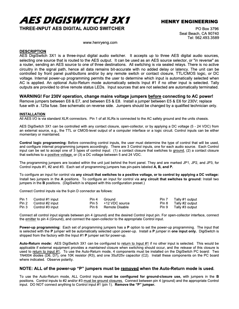 Image de la première page du manuel de l'appareil AES DigiSwitch 3X1