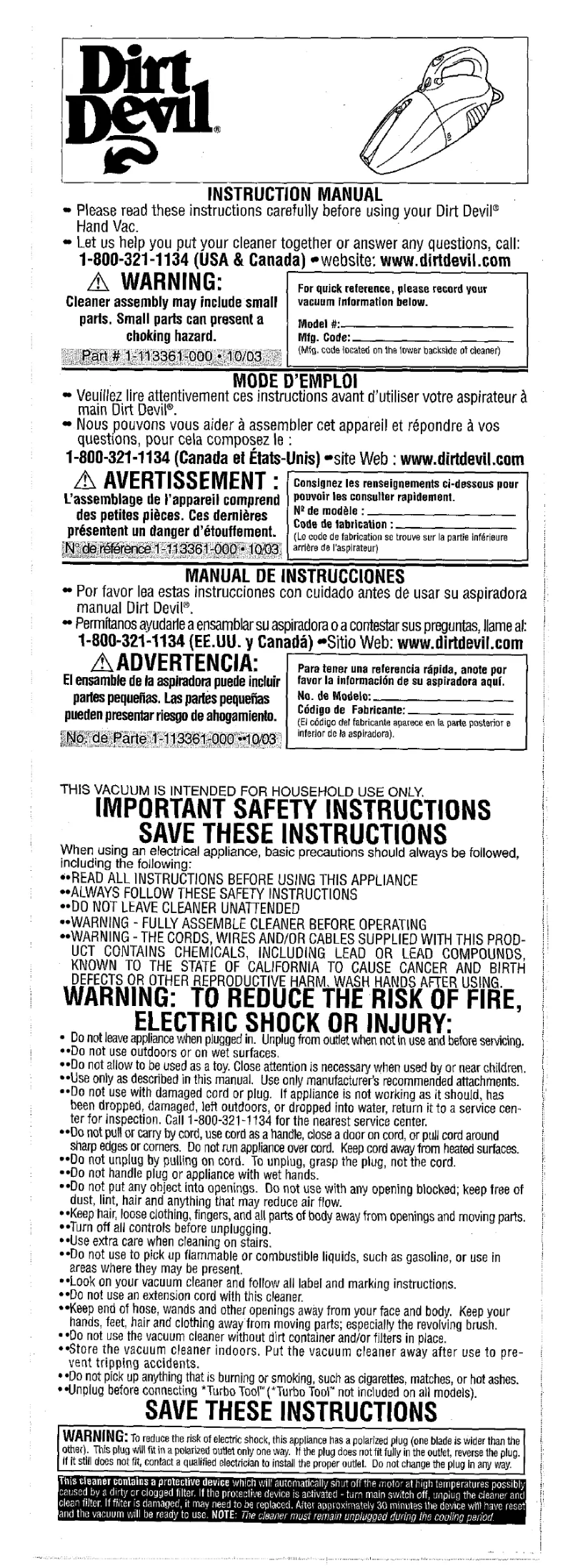 Page n°1 - Manuel utilisateur Dirt Devil Scorpion