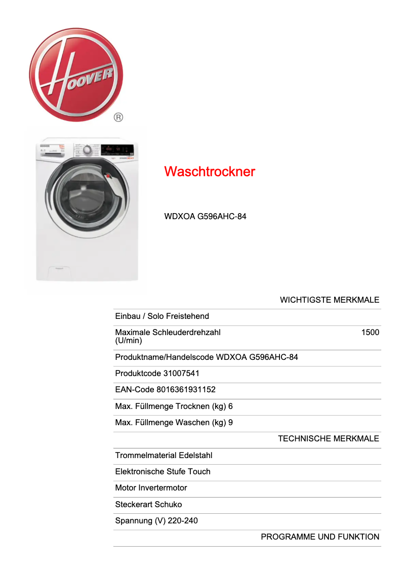 Image de la première page du manuel de l'appareil WDXOA G596AHC-84