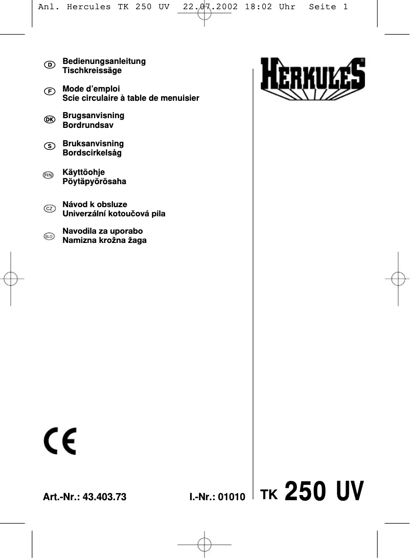 Page n°1 - Manuel utilisateur Herkules TK 250 UV