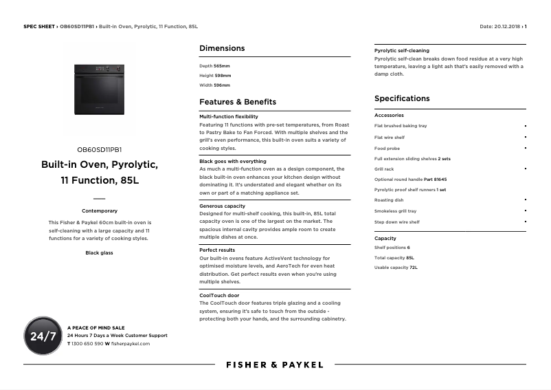 Página 1 del manual Ficha técnica Fisher & Paykel OB60SD11PB1