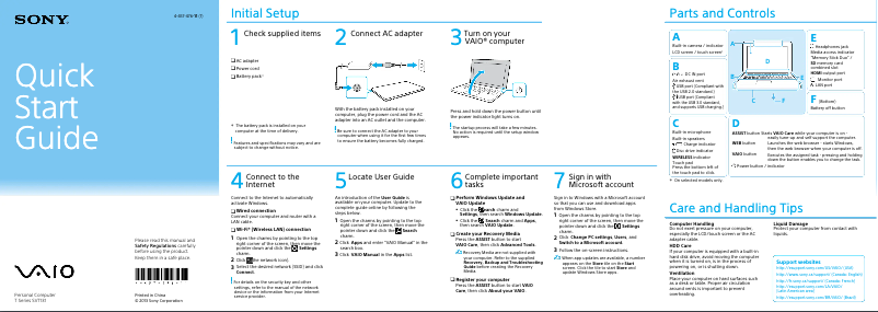 Page 1 de la notice Guide d'installation Sony Vaio Tab 13 SVT13136CXS