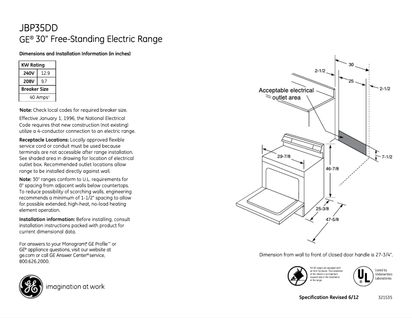Página 1 del manual Ficha técnica GE JBP35DDBB
