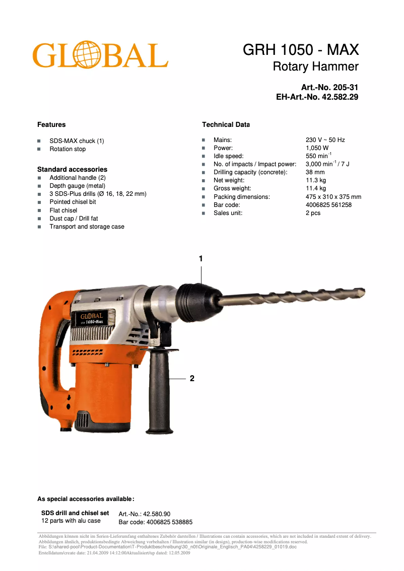 Page 1 de la notice Manuel utilisateur Global GRH 1050-MAX