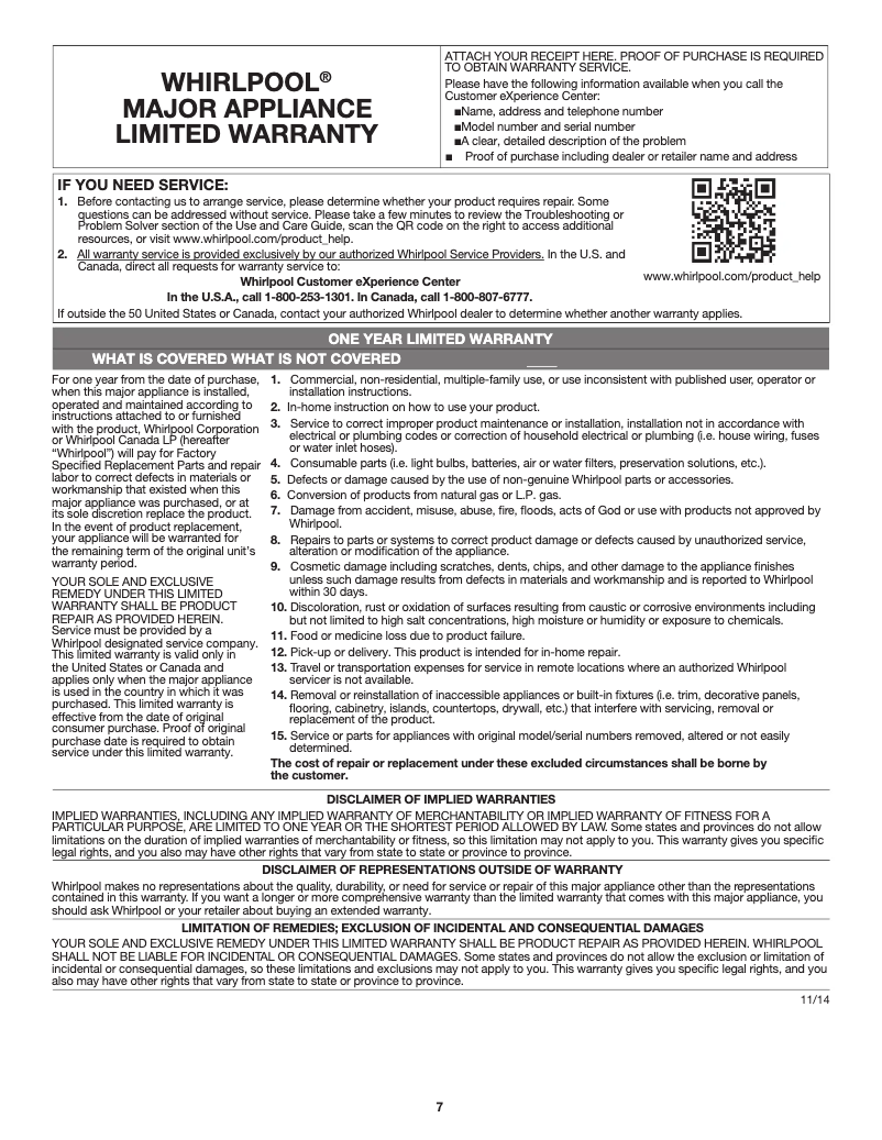 Page 1 de la notice Informations de garantie Whirlpool WMH32519HV