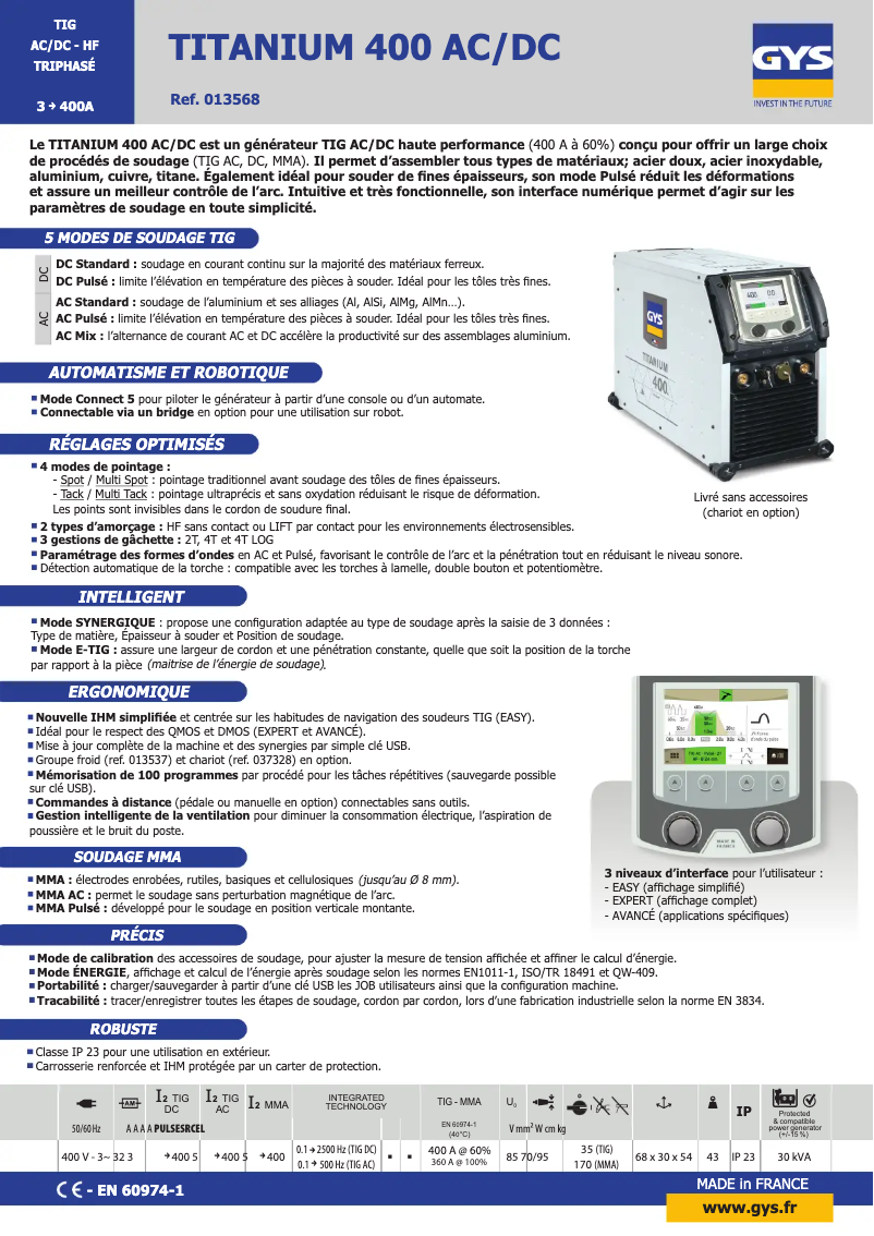 Image de la première page du manuel de l'appareil TIG Titanium 400 AC/DC