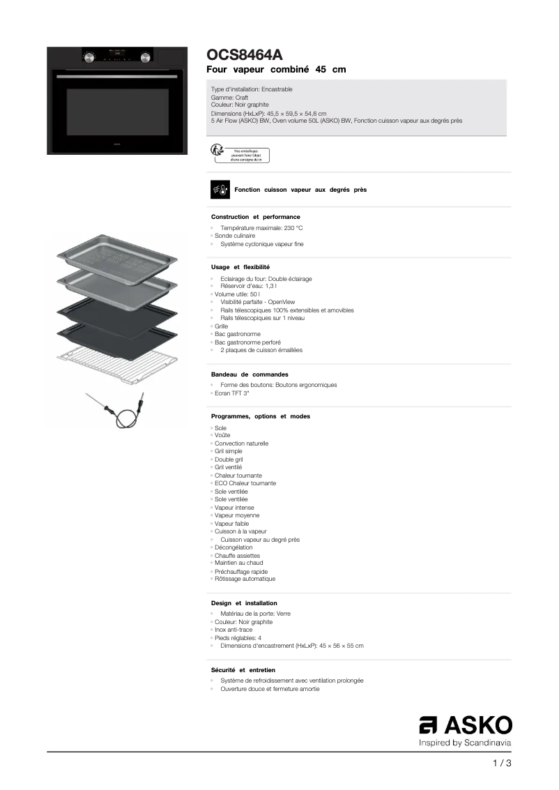 Page 1 de la notice Fiche technique Asko OCS8464A