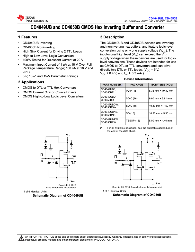 Page 1 de la notice Manuel utilisateur Texas Instruments CD4050BPWR