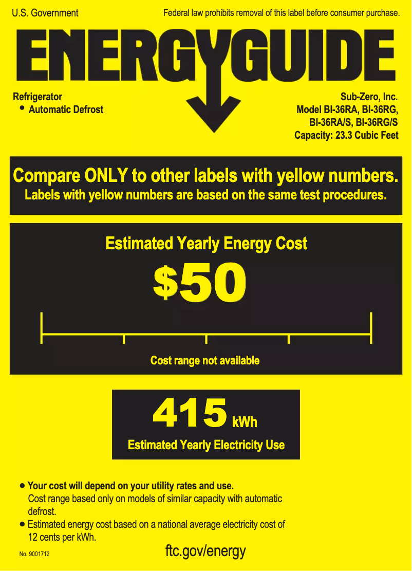 Page 1 de la notice Label énergétique Sub-Zero BI-36RG/O-RH