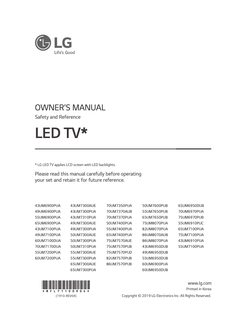 Page n°1 - Manuel utilisateur LG 43UM7100PUA