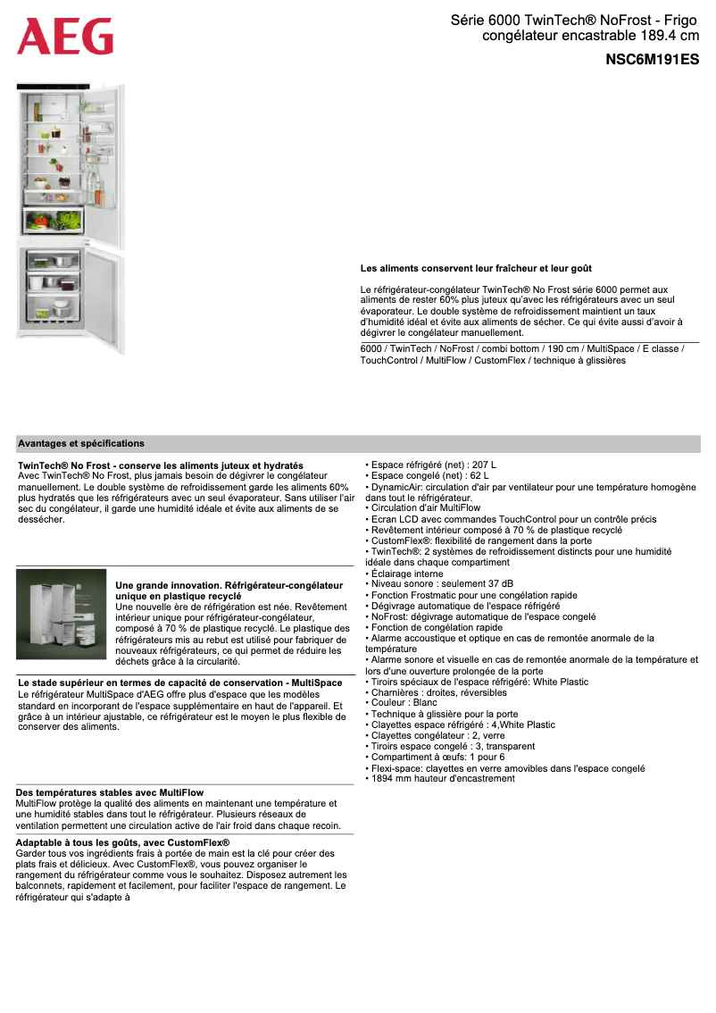 Page 1 de la notice Fiche technique AEG NSC6M191ES
