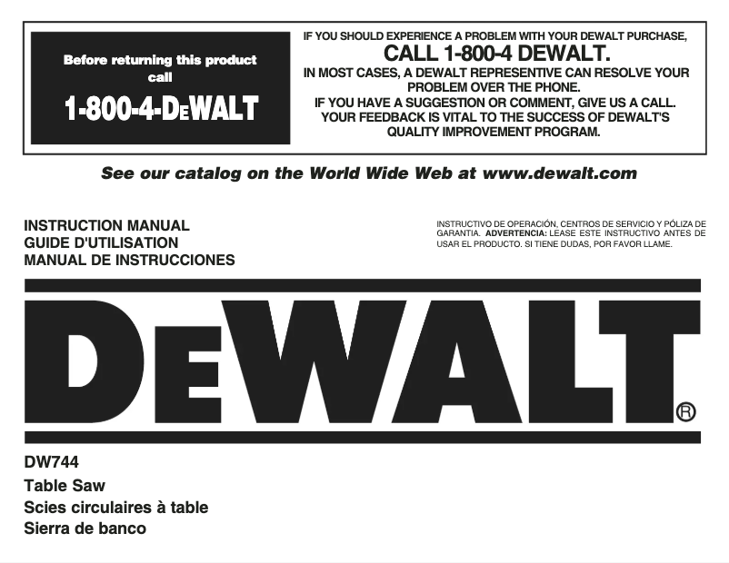 Page 1 de la notice Manuel utilisateur DeWalt DW744SB