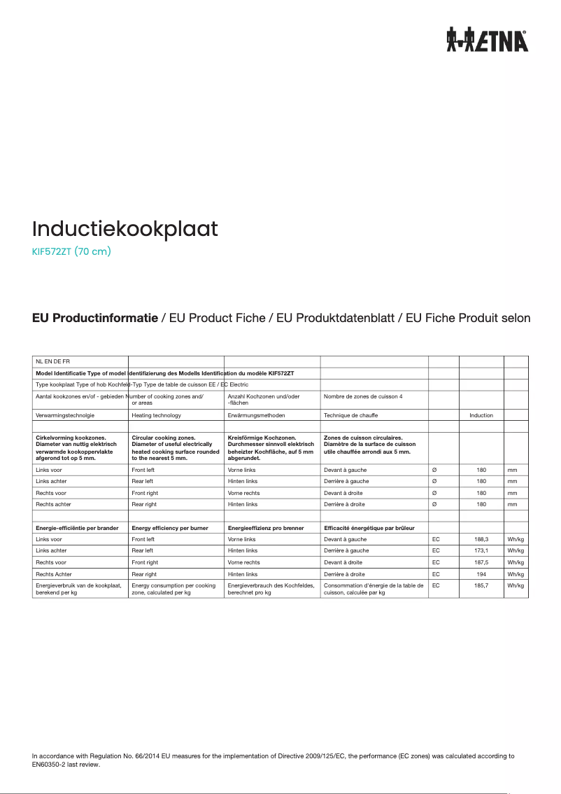 Page 1 de la notice Fiche technique Etna KIF572ZT