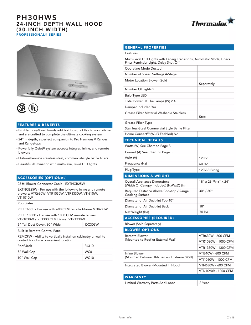 Page 1 de la notice Fiche technique Thermador PH30HWS