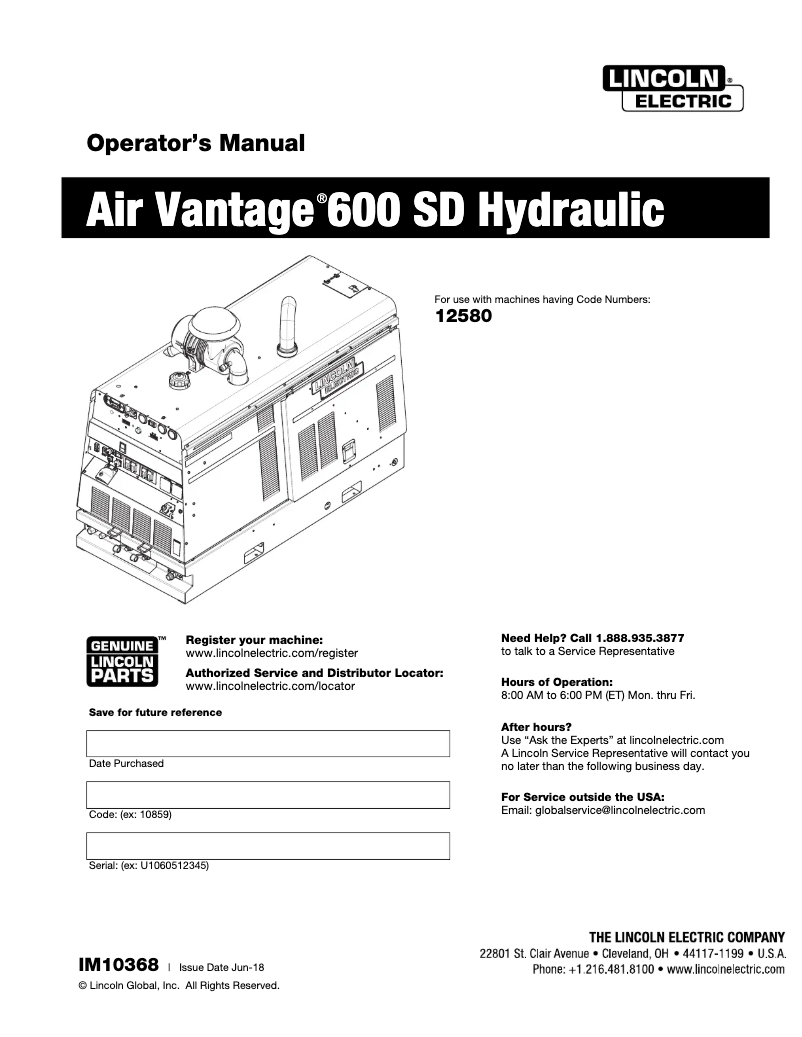 Página 1 del manual Manual de usuario Lincoln Electric Air Vantage 600 SD
