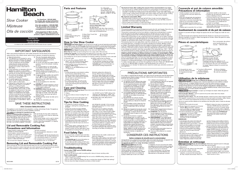 Page 1 de la notice Manuel utilisateur Hamilton Beach 33663