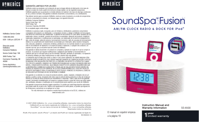 Page 1 de la notice Manuel utilisateur Homedics SoundSpa Fusion SS-6500