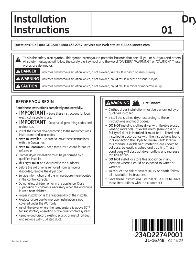 Page 1 de la notice Guide d'installation GE GFDS170GHWW