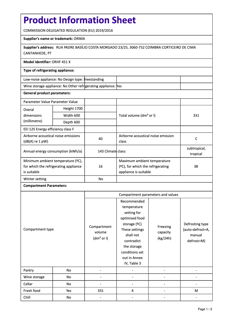 Page n°1 - Manuel utilisateur Orima ORHF-451-X