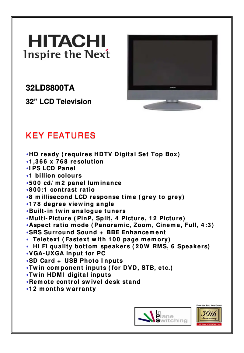 Page n°1 - Fiche technique Hitachi 32LD9000TA