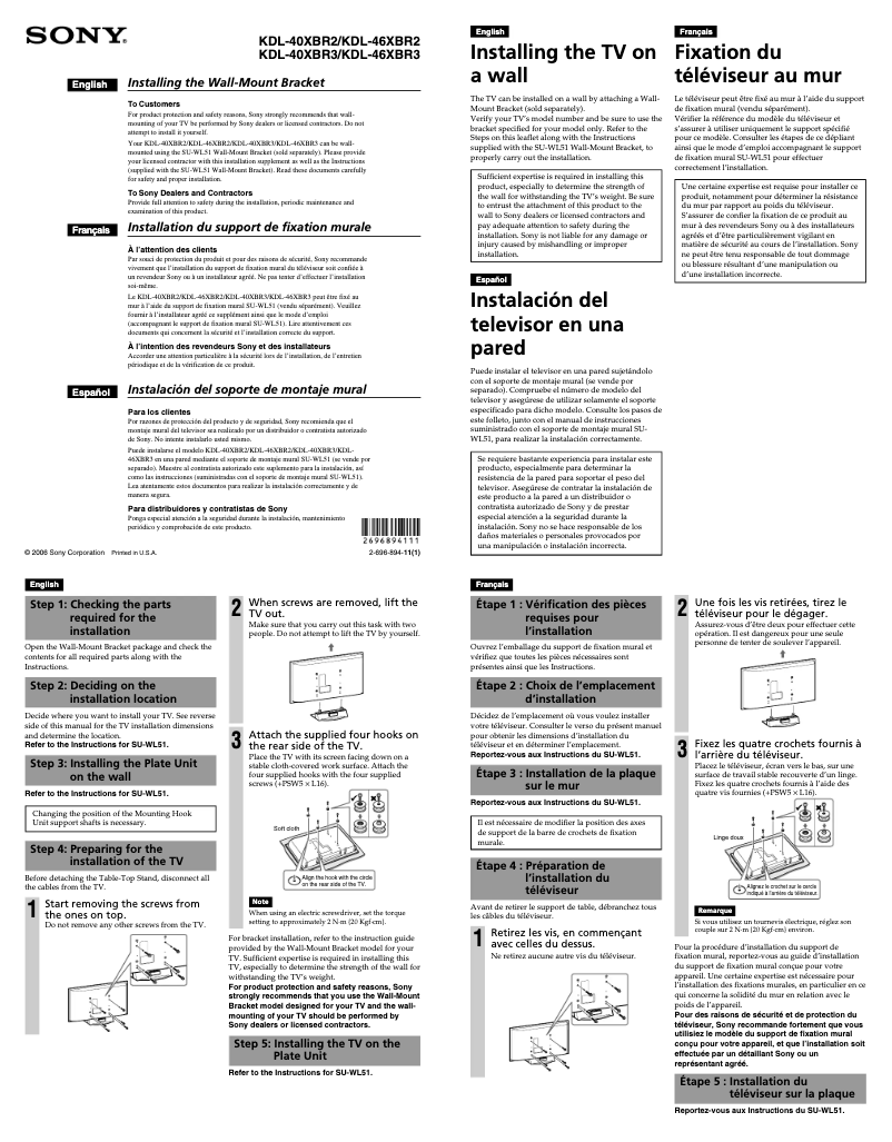 Page 1 de la notice Guide d'installation Sony Bravia KDL-46XBR3