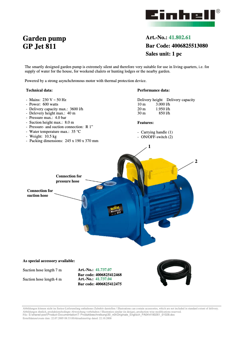 Page n°1 - Manuel utilisateur Einhell Royal GP Jet 811