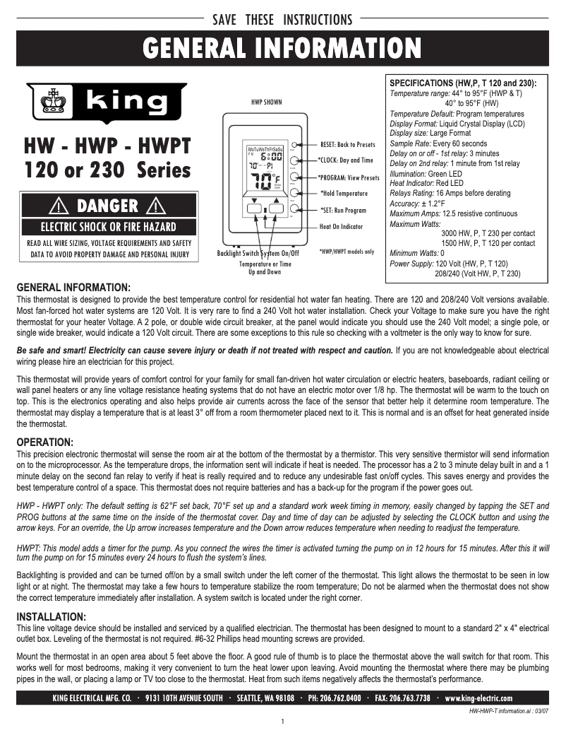 Page 1 de la notice Manuel utilisateur King HWPT120