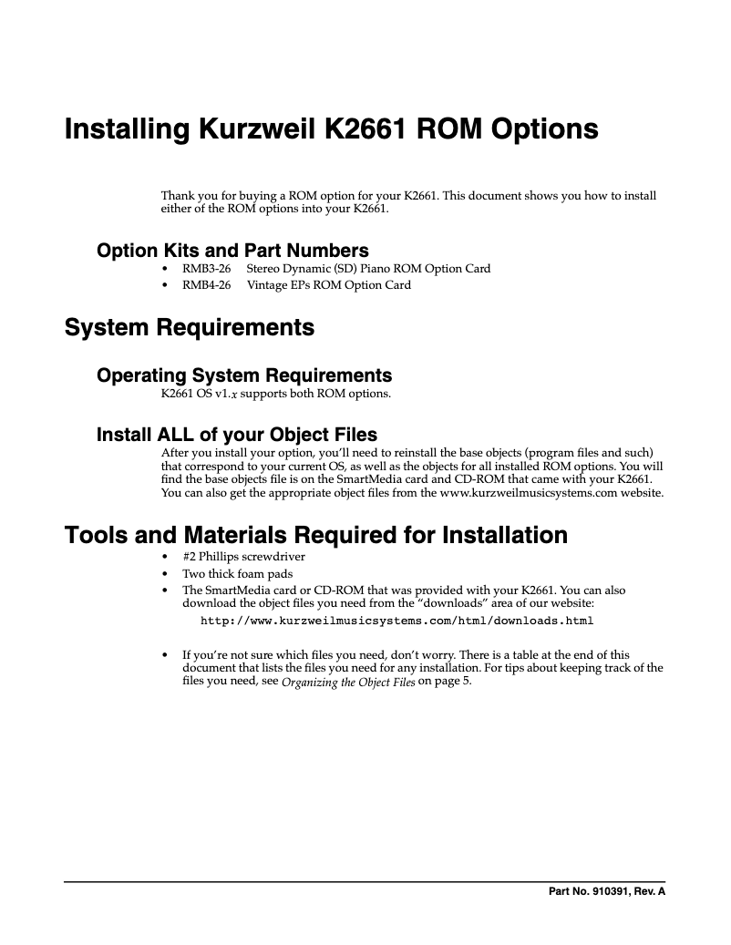 Page 1 de la notice Guide d'installation Kurzweil K2661