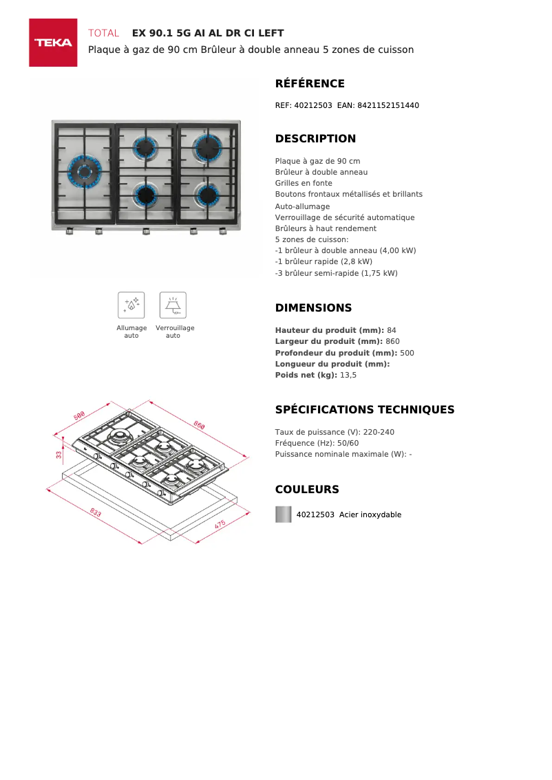 Page n°1 - Fiche technique Teka EX 90.1 5G AI AL DR CI